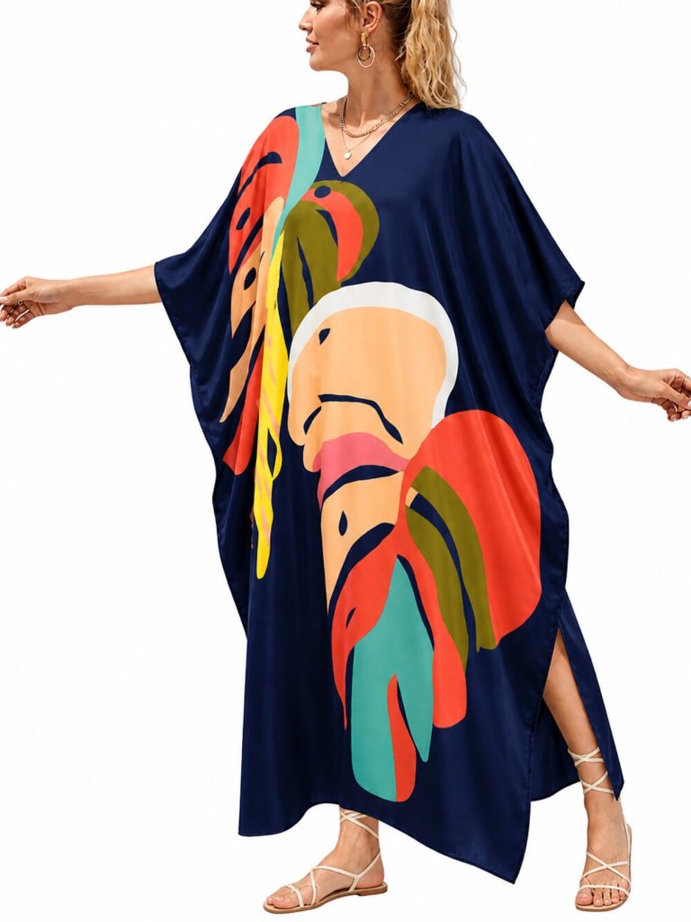 Plus Size Abstract Leaf Printed Blue Caftan Dress Polyester Maxi Mumu Dresses
